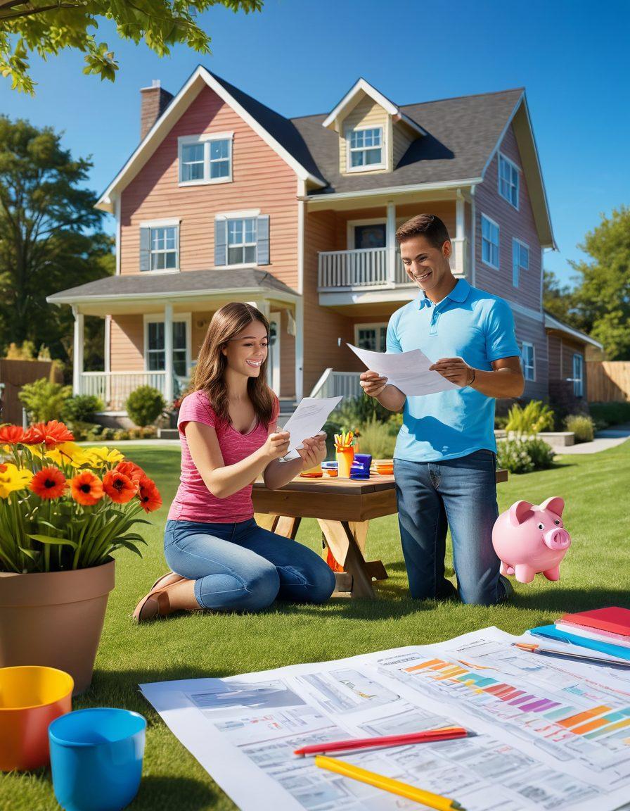 A welcoming suburban home with a well-kept garden, a family reviewing finances at a picnic table, colorful charts and documents spread out, symbols of affordable homeownership like keys and piggy banks visible, a bright blue sky in the background. super-realistic. vibrant colors. 3D.