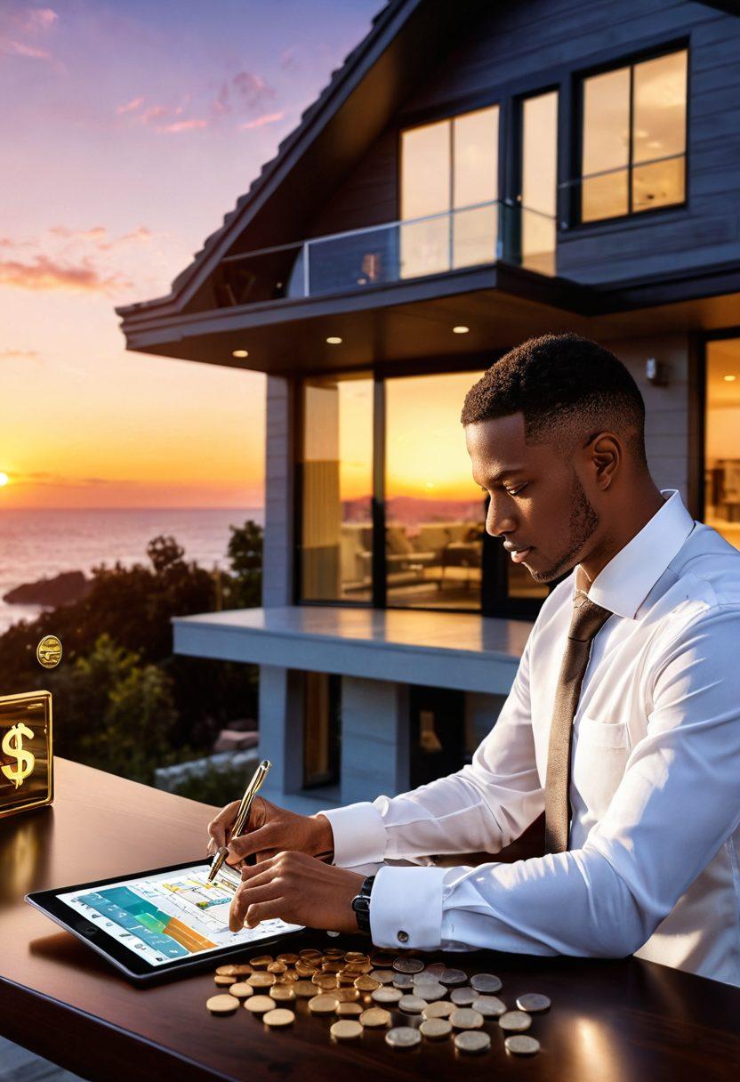 A sleek modern house with a golden key unlocking its door, surrounded by financial symbols like dollar signs and graphs, representing property investment success. In the foreground, a confident individual holding a stack of coins, analyzing charts on a tablet, embodying smart investment strategies. Sunset in the background for a warm ambiance. super-realistic. vibrant colors. 3D.