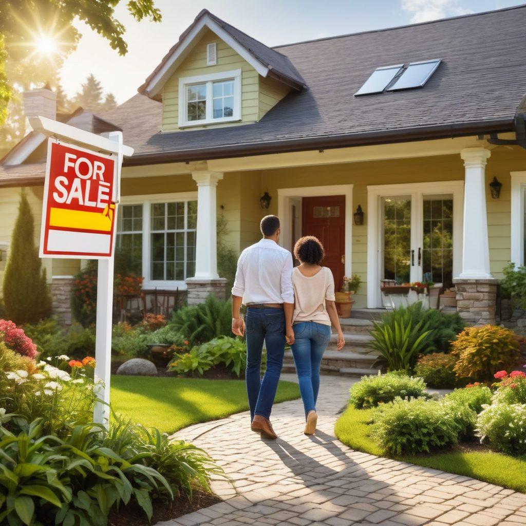 A cozy and inviting home, symbolizing the dream of homeownership, with open doors and windows welcoming sunlight. In the foreground, a happy family reviewing mortgage options with a friendly advisor, surrounded by a lush garden and 'For Sale' signs in the background. Include visual elements like keys, house plans, and financial documents. super-realistic. vibrant colors. warm and welcoming atmosphere.
